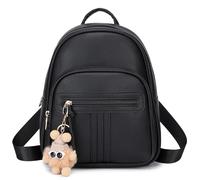 BAGOK Mini Mochila Mujer - Elegante mochila pequeña de cuero vegano acolchado, con llavero de peluche & borla - Perfecta para uso diario, escuela o viaje（Negro）