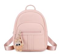 BAGOK Mini Mochila Mujer - Elegante mochila pequeña de cuero vegano acolchado, con llavero de peluche & borla - Perfecta para uso diario, escuela o viaje（Rosa）