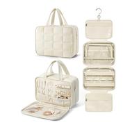 BAGSMART Travel Toiletry Bag with Jewelry Organizer, Hanging Travel Bag for Toiletries, Puffy Makeup Cosmetic Bag Organizer, Carry-on Travel Accessories Essentials, Beige-L