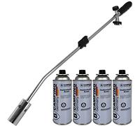 Bahama Quemador de malas hierbas con encendido piezoeléctrico con 4 cartuchos de gas, dispositivo de fuego, herbicida, cartuchos, quemador de malas hierbas, juego de quemador de gas, plateado, 80 cm