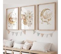 Baibexing Cuadro Decorativo De Pared Con La Princesa Mariposa Y La Luna De Dibujos Animados Para La Sala De Estar, Dormitorio Y Decoración Del Hogar 21X30Cmx3Pcs Sin Marco
