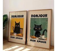 Baibexing Divertido Póster De Lienzo Con Gato Negro Y Café, Bonjour Mon Amour, Decoración Moderna Para Sala De Estar, Cocina, Cafetería, Bar O Hogar. 30X40Cmx2Pcs Sin Marco