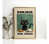 Baibexing Póster Impreso De Le Chat Noir, Bonjour Mon Amour, Gato Negro, Desayuno, Pintura En Lienzo Moderna, Arte De Pared, Decoración Del Hogar, 1 Ud. 30X40Cm Sin Marco