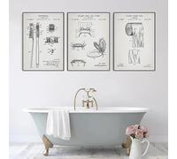 Baibexing Pósteres De Patentes De Baño Vintage, Láminas, Grifo De Ducha, Inodoro, Rollo De Papel Higiénico, Cepillo De Dientes, Pintura Sobre Lienzo, Decoración De Baño 30X40Cmx3Pcs Sin Marco