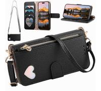 BaiFu Funda Cartera Tipo Bandolera para Vivo V60 Lite, Cartera magnética de Piel sintética con Tarjetero, Bolsillo con Cremallera y cordón Largo-Negro