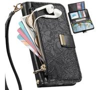 BaiFu Funda Tipo Cartera para Realme 14 Pro+, Estampado Floral, Correa de Mano, Soporte y Cierre magnético, Bolsillo con Cremallera para Realme 14 Pro+-Negro