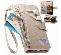 BaiFu Funda Tipo Cartera para Vivo V50 Lite 4G, Cierre de Cremallera, Tarjetero, Funda con Estampado de Amor, Bolsillo de Bolso de Cuero PU para Vivo V50 Lite 4G-Caqui