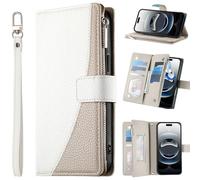 BaiFu Funda Tipo Cartera para Xiaomi Poco F7 Pro, con 6 Ranuras para Tarjetas, Bolsillo con Cremallera, Cierre magnético, función Atril y Correa para la muñeca-Blanco