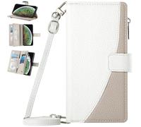 BaiFu Funda Tipo Cartera para Xiaomi Poco F7 Pro, con Tarjetero, Correa Cruzada, Cierre de Cremallera y Wallet Cover Protectora-Blanco