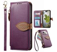 BaiFu Fundas Tipo Cartera con Cremallera para Honor 600 Pro, Correa de Mano, Soporte, Case con Estampado de Hojas de árbol para Honor 600 Pro-Morado
