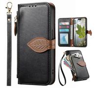 BaiFu Fundas Tipo Cartera con Cremallera para Honor 600 Pro, Correa de Mano, Soporte, Case con Estampado de Hojas de árbol para Honor 600 Pro-Negro