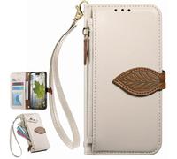 BaiFu Fundas Tipo Cartera con Cremallera para Honor Magic8 Lite, Correa de Mano, Soporte, Case con Estampado de Hojas de árbol para Honor Magic8 Lite-Blanco
