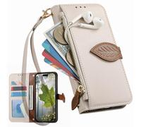 BaiFu Fundas Tipo Cartera con Cremallera para Honor Win RT 5G, Correa de Mano, Soporte, Case con Estampado de Hojas de árbol para Honor Win RT 5G-Blanco