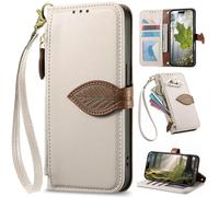 BaiFu Fundas Tipo Cartera con Cremallera para Leitz Phone 3, Correa de Mano, Soporte, Case con Estampado de Hojas de árbol para Leitz Phone 3-Blanco