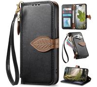 BaiFu Fundas Tipo Cartera con Cremallera para Leitz Phone 3, Correa de Mano, Soporte, Case con Estampado de Hojas de árbol para Leitz Phone 3-Negro