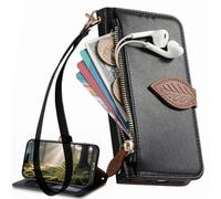BaiFu Fundas Tipo Cartera con Cremallera para Realme C100x, Correa de Mano, Soporte, Case con Estampado de Hojas de árbol para Realme C100x-Negro