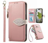 BaiFu Fundas Tipo Cartera con Cremallera para Realme Note 80, Correa de Mano, Soporte, Case con Estampado de Hojas de árbol para Realme Note 80-Rosa