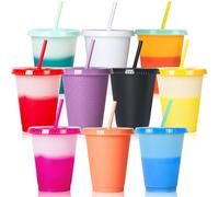 BAIFULAI 10 vasos con tapa y pajita, vasos de plástico de 16 oz con tapa, taza de cambio de color, vasos de fiesta reutilizables para niños y adultos