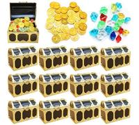 BAIFULAI Juego de 12 minicofres del tesoro, cofre del tesoro para niños, de plástico, con 12 piedras preciosas para niños y 12 monedas de oro, cofre del tesoro para guardar y decorar, regalo infantil