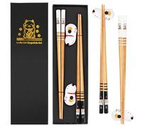 BAIFULAI Juego de 2 pares de palillos de sushi, palillos de sushi de madera con soporte de cerámica, palillos de chopsticks sostenibles, japoneses, chinos, coreanos, taiwaneses, regalo japonés (gato)