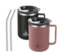 BAIFULAI Juego de 2 tazas de café y té de acero inoxidable: taza térmica de 430 ml con mango antideslizante y tapa de módulo deslizante, tazas de café reutilizables para exterior y camping (rojo grano