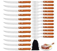 BAIFULAI Juego de 24 cubiertos para carne, acero con mango de madera, incluye 12 cuchillos de carne y 12 tenedores de carne, juego de cubiertos para carne para 12 personas, acero inoxidable y apto
