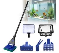 BAIFULAI Juego de herramientas de limpieza para acuarios: 6 en 1 juego de limpiador de acuario con red de pescado, rastrillo de grava, tenedor para plantas, raspador, esponja, limpiador de tanques de