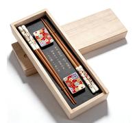 BAIFULAI Juego de palillos de sushi, 2 pares de palillos de sushi de madera con base de cerámica en flor de cerezo, caja de madera premium, palillos sostenibles, japoneses, chinos, coreanos
