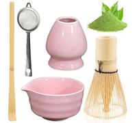 BAIFULAI Juego de té Matcha, 5 piezas cerámicas, batidores, cuenco, portabatidores, colador, accesorios ceremonia matcha (rosa)