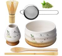 BAIFULAI Juego de té matcha de 6 piezas, juego de té japonés, juego de batidor matcha, cuenco de cerámica para matcha, cucharilla, soporte para batidor, colador, accesorios japoneses para ceremonia