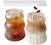 BAIFULAI Juego de vasos acanalados, 2 vasos de agua ondulados de 530 ml con 2 pajitas y cepillo de paja, vasos de café helado, vasos de bebidas, vasos de agua ondulados, vasos para latte macchiato