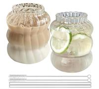 BAIFULAI Juego de vasos acanalados, 2 vasos de agua ondulados de 650 ml con 2 pajitas y cepillo de paja, vasos de café helado, vasos de bebidas, vasos de agua ondulados, vasos para latte macchiato