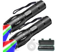 BAIFULAI Linterna Multifuncional 4-en-1: 2 Piezas Linterna LED Recargable Con Luz Roja, Verde, Azul, Blanca, Zoomable Y A Prueba De Agua Para Camping, Observación, Emergencias (Negro)