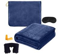 BAIFULAI Manta de viaje para avión, almohada 2 en 1, manta de avión, ultraligera, cálida, con antifaz para dormir y tapones para los oídos, cojín transformador, gadgets de viaje para vacaciones,