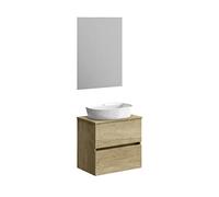 Baikal Baño Onyx, 2 cajones, suspendido en Pared, con Lavabo cerámico. Mueble Montado, Melamina 16,Mueble F39 + Top + Lavabo + Espejo 60 cm Nature