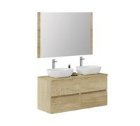 Baikal Baño Onyx, 2 cajones, suspendido en Pared, con Lavabo cerámico. Mueble Montado, Melamina 16,Mueble F46 + Top + Lavabo + Espejo 60+60 cm Nature