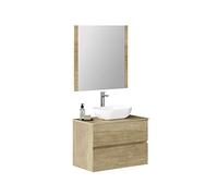 Baikal Baño Onyx, 2 cajones, suspendido en Pared, con Lavabo cerámico. Mueble Montado, Melamina 16,Mueble F46 + Top + Lavabo + Espejo 80 cm Nature