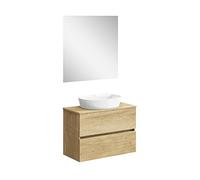 Baikal Baño Onyx, 2 cajones, suspendido en Pared, con Lavabo cerámico. Mueble Montado, Melamina 16,Mueble F39 + Top + Lavabo + Espejo 80 cm Nature