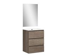 Baikal | Conjunto Completo de Mueble de Baño Suspendido a la Pared con Lavabo Cerámico y Espejo | Tres Cajones, Cierre Amortiguado, Melamina 16mm | Mueble MONTADO | Nebraska | 60cm