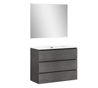 Baikal | Conjunto Completo de Mueble de Baño Suspendido a la Pared con Lavabo Cerámico y Espejo | Tres Cajones, Cierre Amortiguado, Melamina 16mm | Mueble MONTADO | Ceniza | 100cm