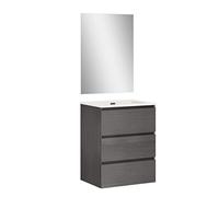 Baikal | Conjunto Completo de Mueble de Baño Suspendido a la Pared con Lavabo Cerámico y Espejo | Tres Cajones, Cierre Amortiguado, Melamina 16mm | Mueble MONTADO | Ceniza | 70cm