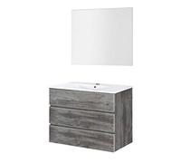 Baikal | Conjunto Completo de Mueble de Baño Suspendido a la Pared con Lavabo Cerámico y Espejo | Tres Cajones, Cierre Amortiguado, Melamina 16mm | Mueble MONTADO | Vintage | 100cm