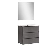 Baikal | Conjunto Completo de Mueble de Baño Suspendido a la Pared con Lavabo Cerámico y Espejo | Tres Cajones, Cierre Amortiguado, Melamina 16mm | Mueble MONTADO | Ceniza | 90cm
