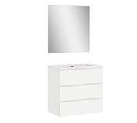 Baikal | Conjunto Completo de Mueble de Baño Suspendido a la Pared con Lavabo Cerámico y Espejo | Tres Cajones, Cierre Amortiguado, Melamina 16mm | Mueble MONTADO | Blanco Mate | 80cm