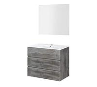Baikal | Conjunto Completo de Mueble de Baño Suspendido a la Pared con Lavabo Cerámico y Espejo | Tres Cajones, Cierre Amortiguado, Melamina 16mm | Mueble MONTADO | Vintage | 90cm