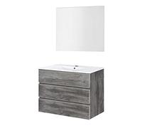 Baikal | Conjunto Completo de Mueble de Baño Suspendido a la Pared con Lavabo Cerámico y Espejo | Tres Cajones, Cierre Amortiguado, Melamina 16mm | Mueble MONTADO | Vintage | 70cm