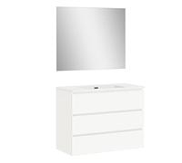 Baikal | Conjunto Completo de Mueble de Baño Suspendido a la Pared con Lavabo Cerámico y Espejo | Tres Cajones, Cierre Amortiguado, Melamina 16mm | Mueble MONTADO | Blanco Mate | 100cm
