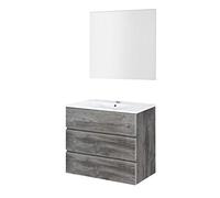 Baikal | Conjunto Completo de Mueble de Baño Suspendido a la Pared con Lavabo Cerámico y Espejo | Tres Cajones, Cierre Amortiguado, Melamina 16mm | Mueble MONTADO | Vintage | 80cm