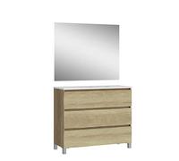 Baikal, Conjunto de baño Natura. Mueble de Baño de Fondo Reducido, con Lavabo cerámico. Distribución Tres Cajones. Mueble MONTADO. Tres Cajones con Espejo. Fondo 39cm 100 cm Nature