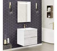 Baikal Conjunto Mueble de baño Gavin, 60cm, 2 cajones, suspendido en Pared. Incluye Lavabo cerámico y Espejo con iluminación LED. Acabado Silver. Se Entrega Montado.
